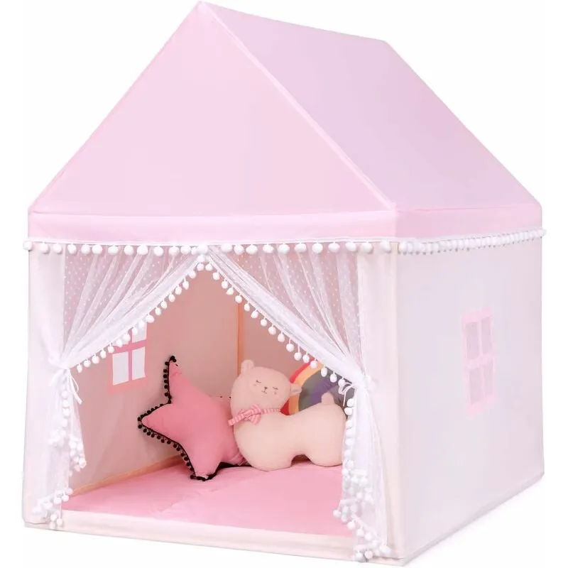 Tenda da Gioco Casetta per Bambini, Castello Giocattolo Tenda, Legno Cotone, 120x105x140 cm (Rosa)