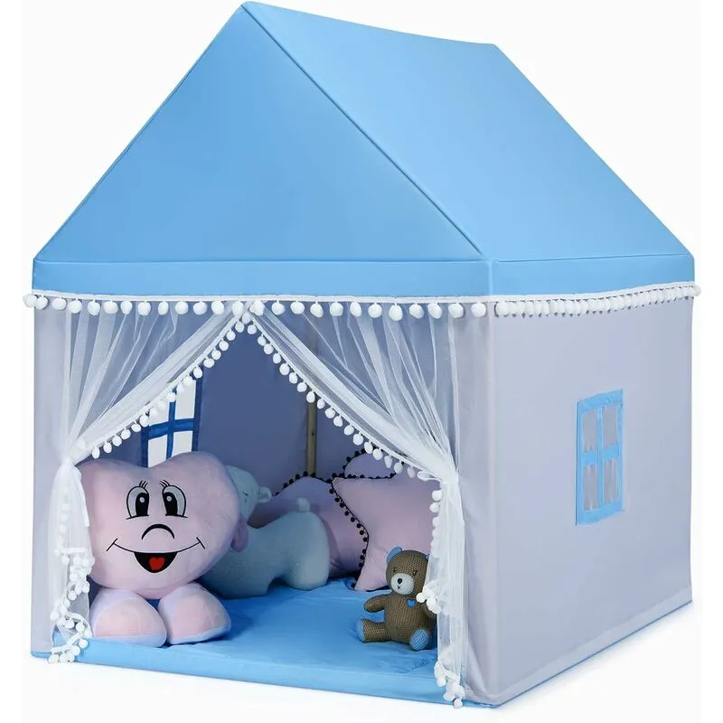 Tenda da Gioco Casetta per Bambini, Castello Giocattolo Tenda, Legno Cotone, 120x105x140 cm (Azzurro)