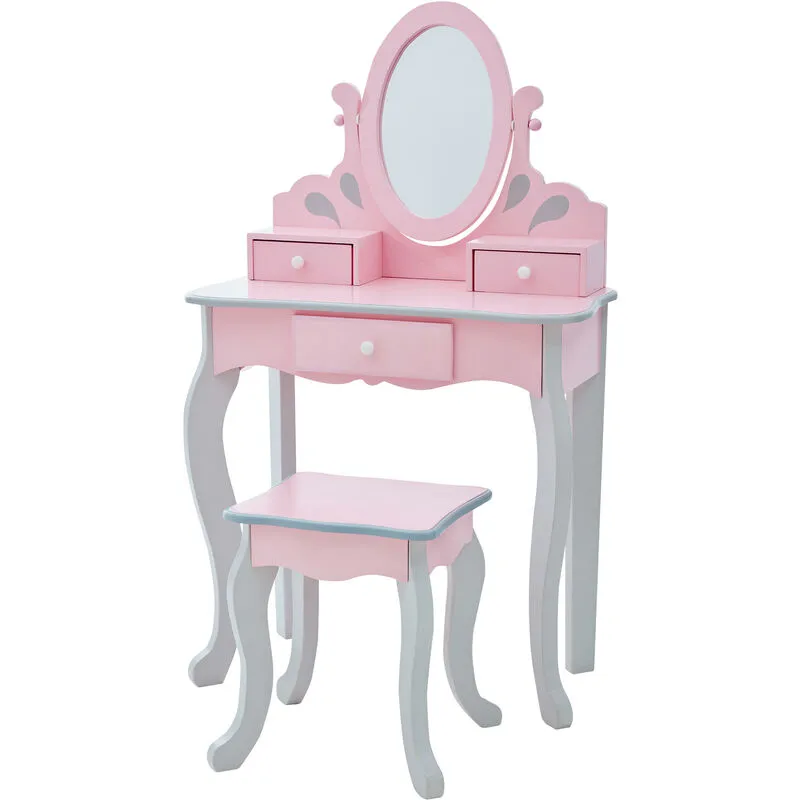 Teamson Kids - Toletta in Legno Rosa con Sgabello e Specchio per Bambini TD-12851A - Rosa / grigio