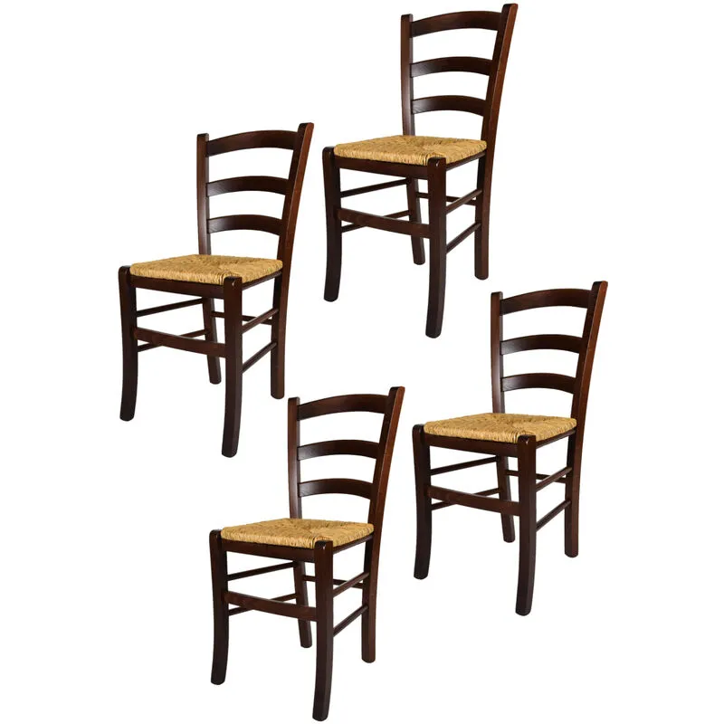 Tommychairs - Set 4 sedie modello Venezia per cucina bar e sala da pranzo, robusta struttura in legno di faggio color noce scuro e seduta in paglia