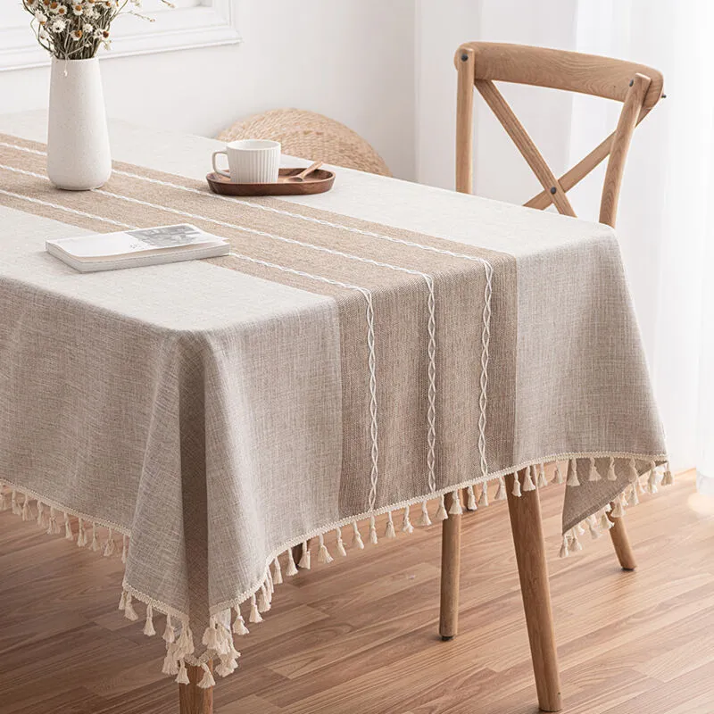 Tovaglia Antimacchia Rettangolare in Cotone e Lino Copritavolo per Tavolo con Nappa da Pranzo, Cucina, Festa Compleann - Beige 110x110cm