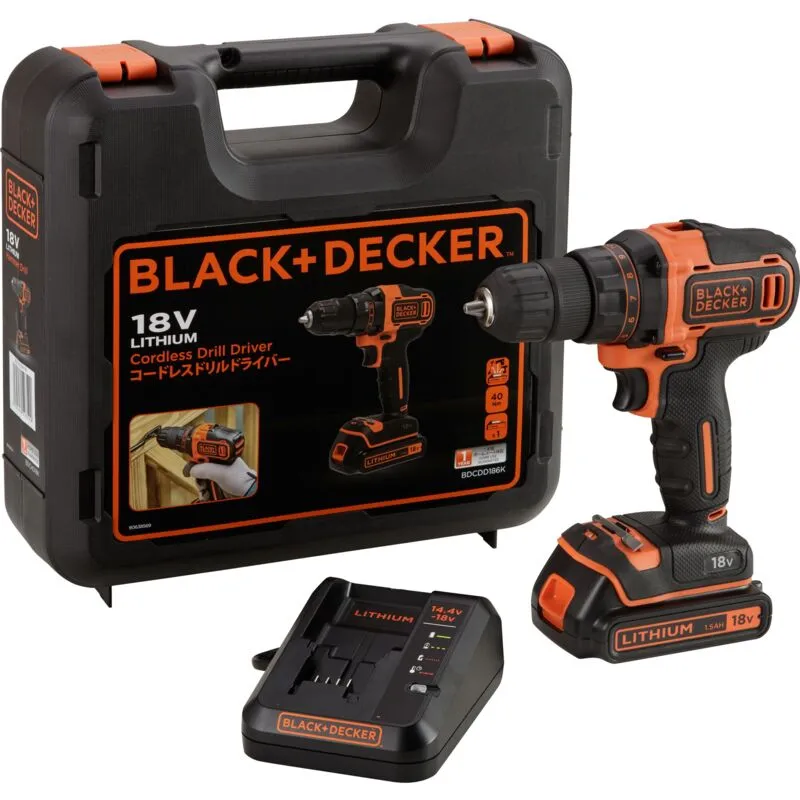 Black&decker - Trapano avvitatore a 2 velocità da 18V in valigetta con batteria da 1,5Ah e caricabatterie - black+decker BDCDD186K-QW