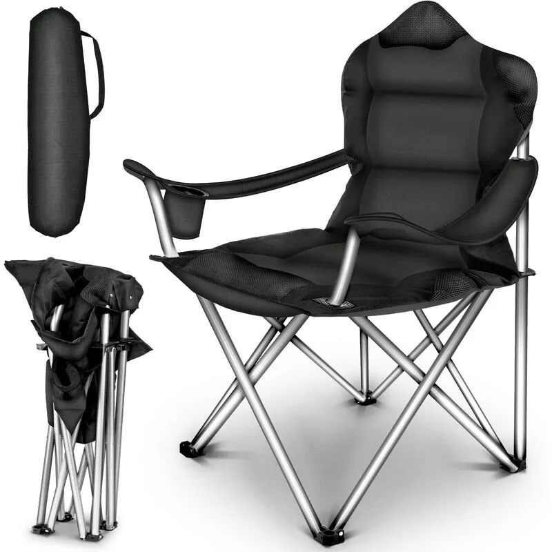 Sedia da campeggio pieghevole fino a 150 kg sedia da pesca sedia pieghevole con braccioli e portabevande (Nero) - Tresko