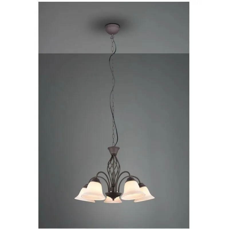 Lampadario Sospensione Rustica 5 Luci Ruggine Coppe Vetro Bianco  Lighting