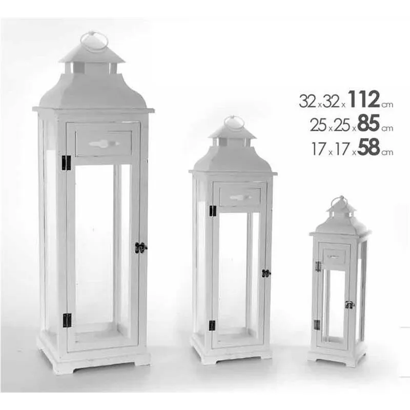 Set 3 lanterne decorative in legno. latta e vetro in colore bianco