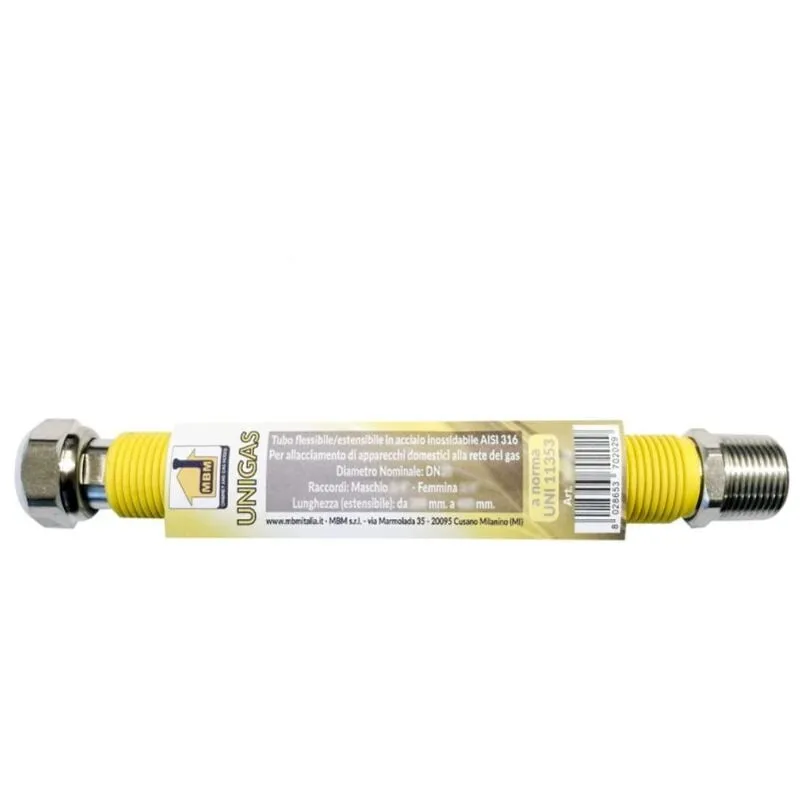  - Tubo flessibile gas estensibile inox 1/2'' 200 / 400 mm. m/f giallo inox norma uni 11353