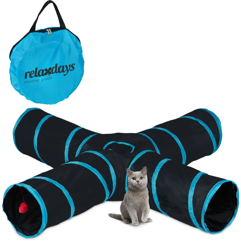 Relaxdays Tunnel per Gatti, HLP: 25x130x125 cm, Tubo a 4 Vie, Cat Toy anche per Conigli e Porcellini d'India, Nero Blu