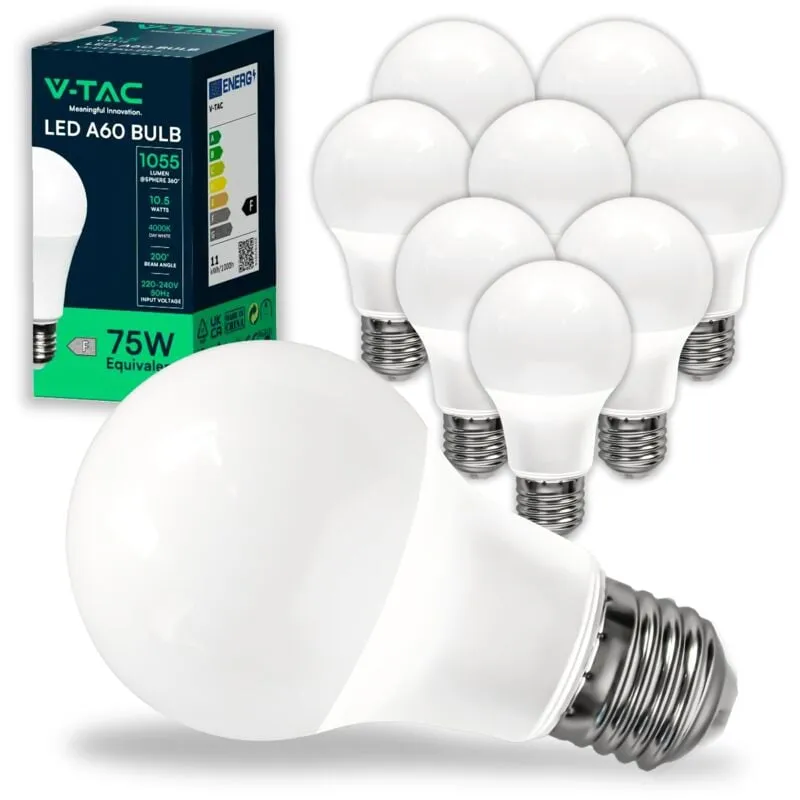 V-tac - 10x Lampadine led A60 con Attacco E27 potenza 10.5W (Equivalenti a 75W) - Lampadine Nuova Generazione - 1055 Lumen - Massima Efficienza e