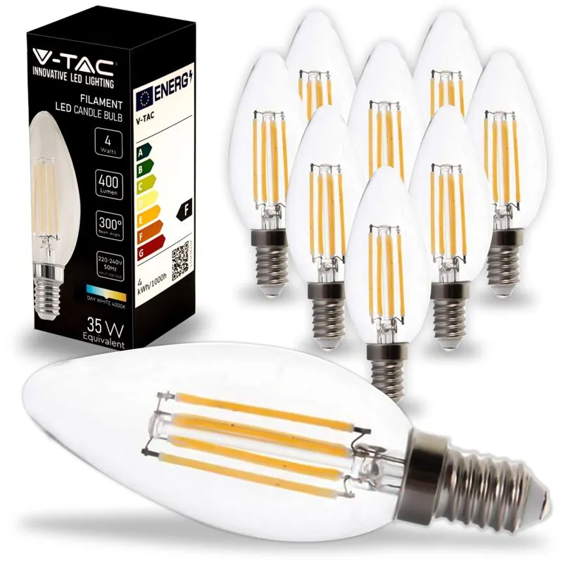 V-tac - 10x Lampadine led Filamento Candela con Attacco E14-4W (Equivalenti a 35W) - 400 Lumen - Lampadina led Massima Efficienza e Risparmio