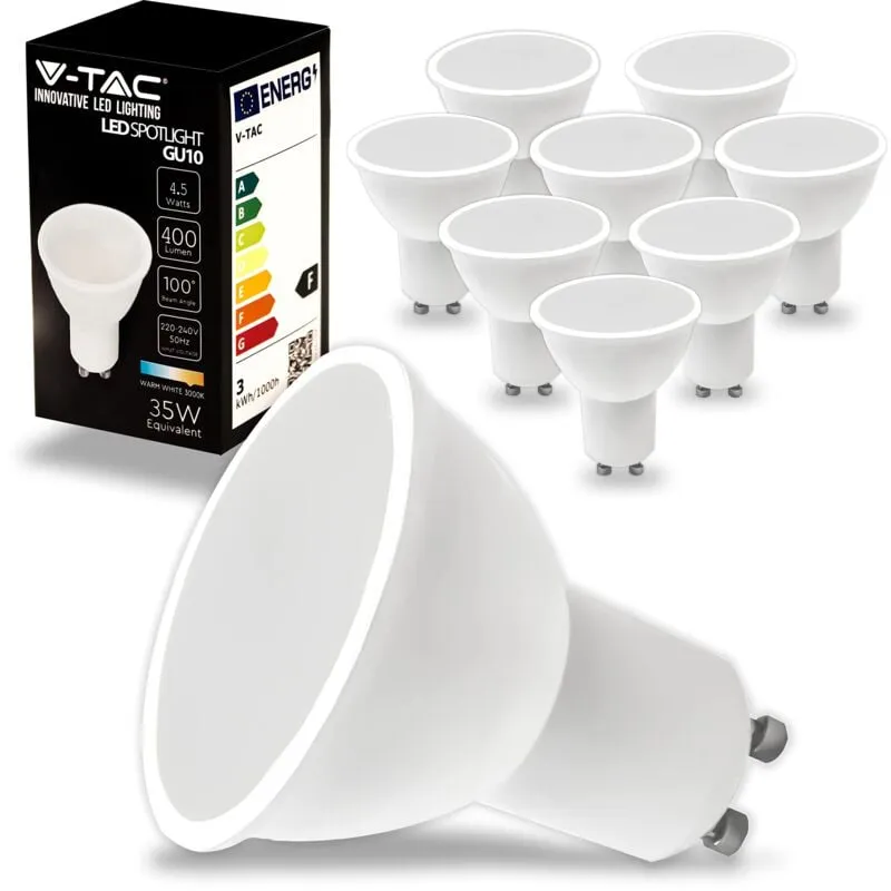 V-tac - 10x Lampadine led GU10-4,5W 400 Lumen - Alta Luminosità - Faretto Led GU10 per Massima Efficienza e Risparmio Energetico - Lampadina 3000K