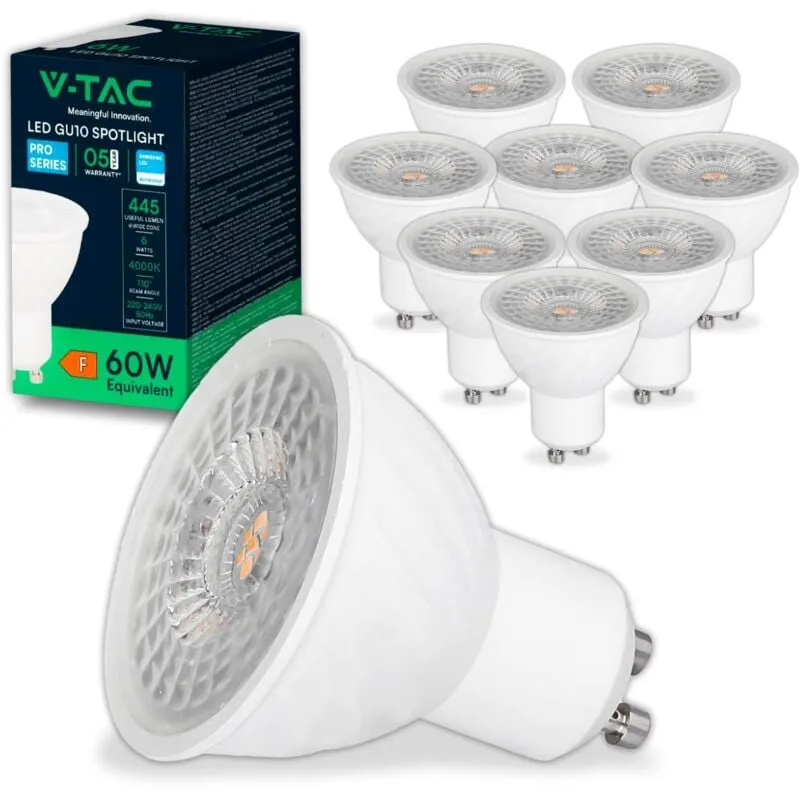 V-tac - 10x Lampadine led GU10 6W (Equivalenti a 60W) - Chip samsung - 445 Lumen - Alta Luminosità - Faretto Led GU10 per Massima Efficienza e