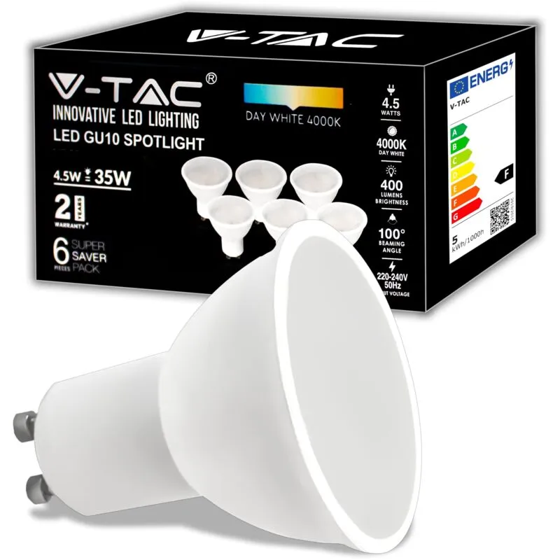 V-tac - 6x Lampadine led GU10 4.5W (Equivalenti a 35W) - 400 Lumen - Alta Luminosità - Faretto Led GU10 - Massima Efficienza e Risparmio Energetico