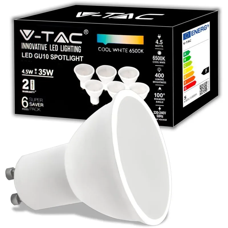 V-tac - 6x Lampadine led GU10 4.5W (Equivalenti a 35W) - 400 Lumen - Alta Luminosità - Faretto Led GU10 - Massima Efficienza e Risparmio Energetico