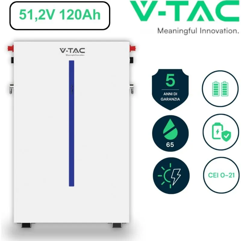 Batteria LiFePo4 51,2V 120Ah 6,14 KWh per inverter fotovoltaico, bms integrato, montaggio a parete, IP65 V-tac 11539