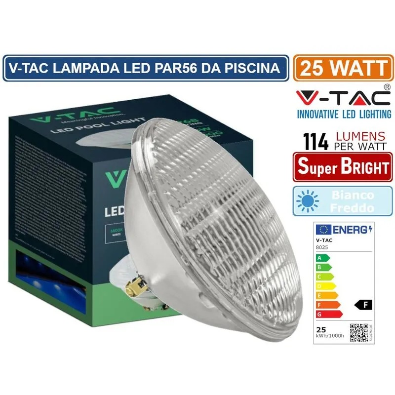 VT-12125 lampada led PAR56 25W smd da piscina IP68 12V in vetro - sku 8025 - V-tac