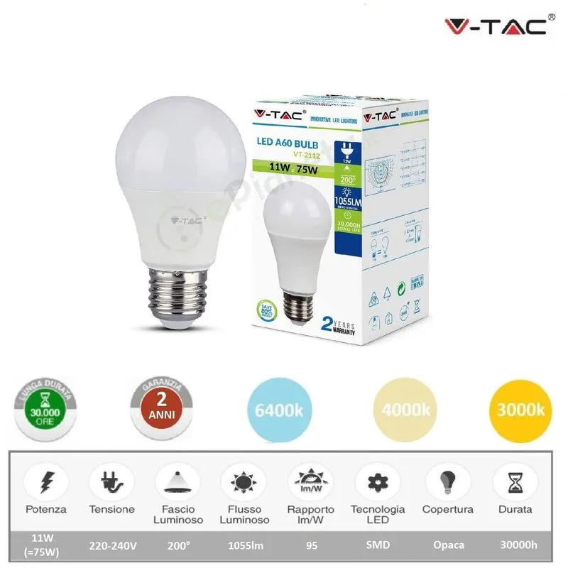 V-tac - Lampadina led bulbo 11w A60 attacco grande E27 copertura opaca luce fredda naturale calda Bianco freddo