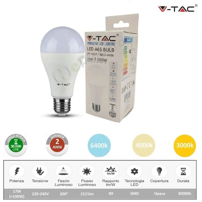 V-tac - Lampadina led bulbo 17w A65 attacco grande E27 copertura opaca luce fredda naturale calda Calda