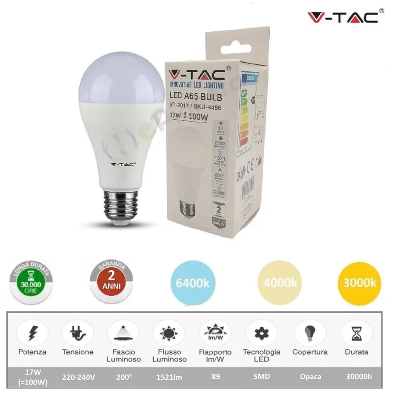 V-tac - Lampadina led bulbo 17w A65 attacco grande E27 copertura opaca luce fredda naturale calda Bianco freddo