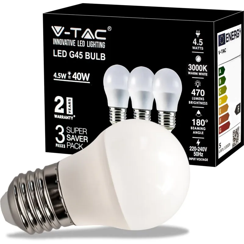 V-tac - Lampadina led con Attacco E27 4,5W (Equivalenti a 40W) - G45-470 Lumen - Lampadina led Massima Efficienza e Risparmio Energetico - Luce 3000K