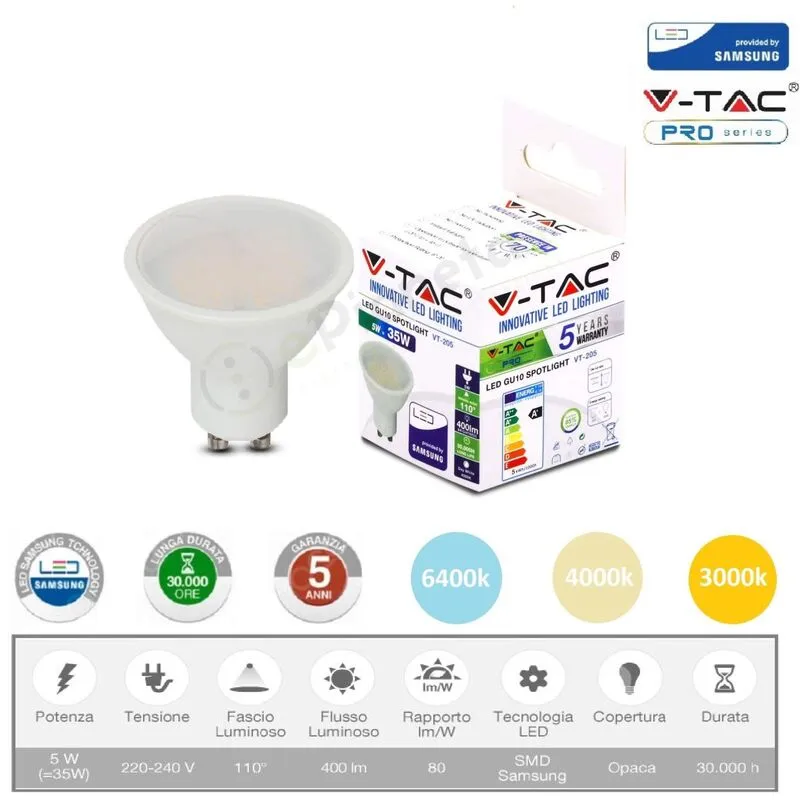 V-tac - pro Faretto led 5w attacco gu10 bianco lampadina copertura opaca luce fredda naturale calda Calda