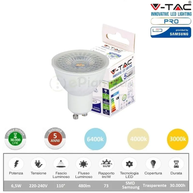 V-tac - pro Faretto led 6,5w attacco gu10 bianco lampadina copertura trasparente spotlight luce fredda naturale calda Naturale