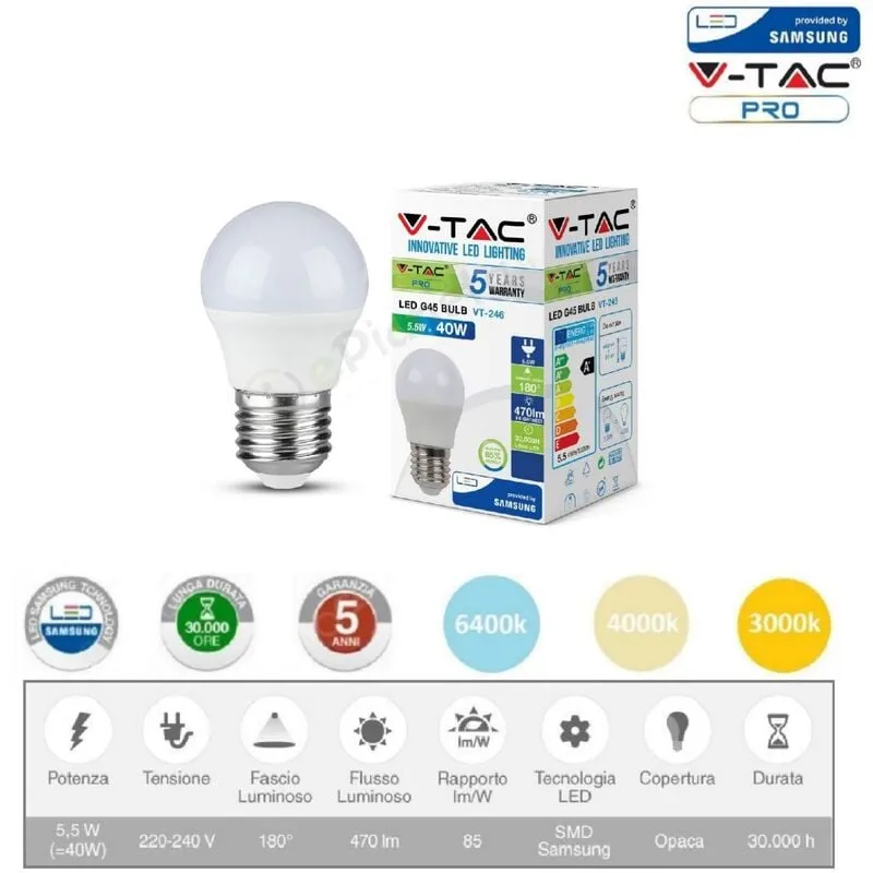 V-tac - pro Lampadina led 5,5w G45 mini globo attacco grande E27 copertura opaca luce fredda naturale calda Bianco freddo