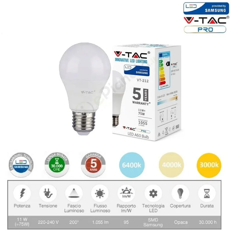 V-tac - pro Lampadina led bulbo 11w A60 attacco grande E27 copertura opaca luce fredda naturale calda Calda