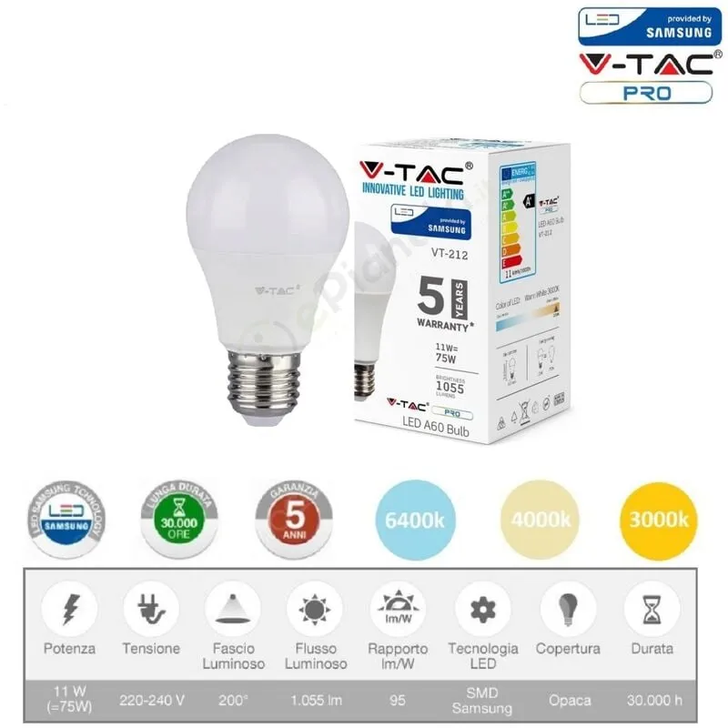 V-tac - pro Lampadina led bulbo 11w A60 attacco grande E27 copertura opaca luce fredda naturale calda Naturale