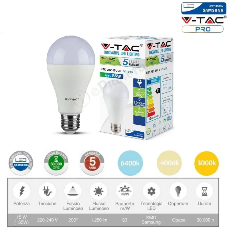 V-tac - pro Lampadina led bulbo 15w A66 attacco grande E27 copertura opaca luce fredda naturale calda Bianco freddo