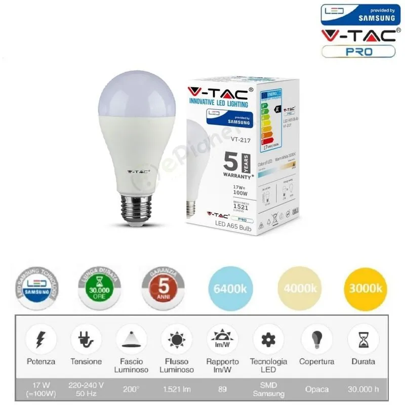 V-tac - pro Lampadina led bulbo 17w A66 attacco grande E27 copertura opaca luce fredda naturale calda Calda