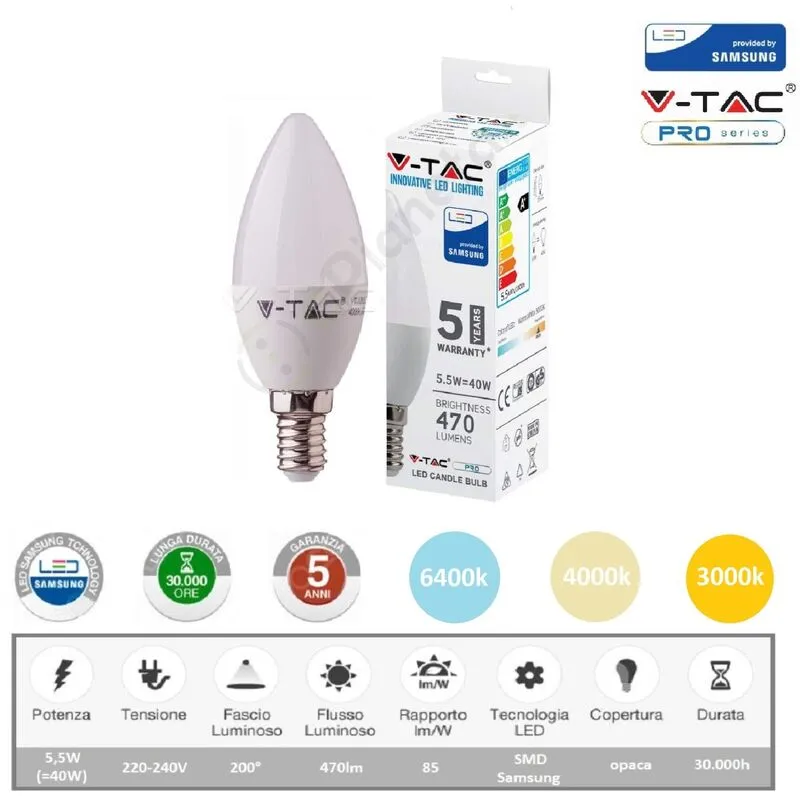 V-tac - pro Lampadina led oliva 5,5w attacco piccolo E14 opaco luce bianca naturale calda Naturale