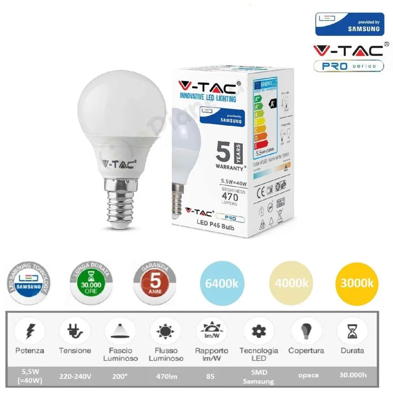 V-tac - pro Lampadina led P45 globo 5,5w attacco piccolo E14 opaco luce bianca naturale calda Bianco freddo