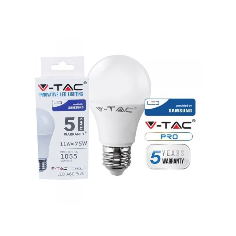 V-tac - Lampada Led E27 A60 11W Bianco Freddo 6400K Bulbo Sfera Chip Samsung Garanzia 5 Anni SKU-233