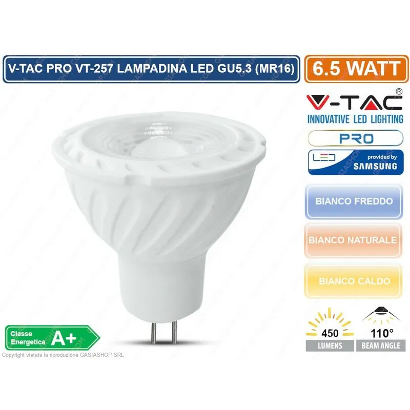 V-tac - pro VT-257 lampadina led GU5.3 (MR16) 6,5W faretto spotlight chip samsung - sku 204 / 205 / 206 - Colore Luce: Bianco Freddo