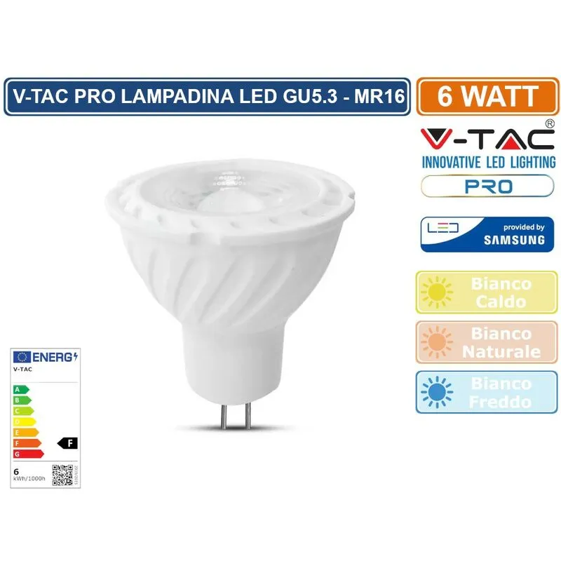 V-tac - pro VT-257 lampadina led GU5.3 (MR16) 6W faretto spotlight chip samsung - sku 21204 - 21205 - 21206 - Colore Luce: Bianco Caldo