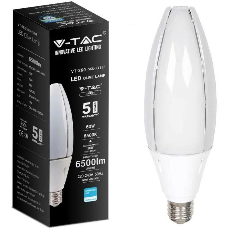 V-tac - lampadina led E40 60W olive lamp smd chip samsung - sku 21187 / 21188 Bianco Naturale