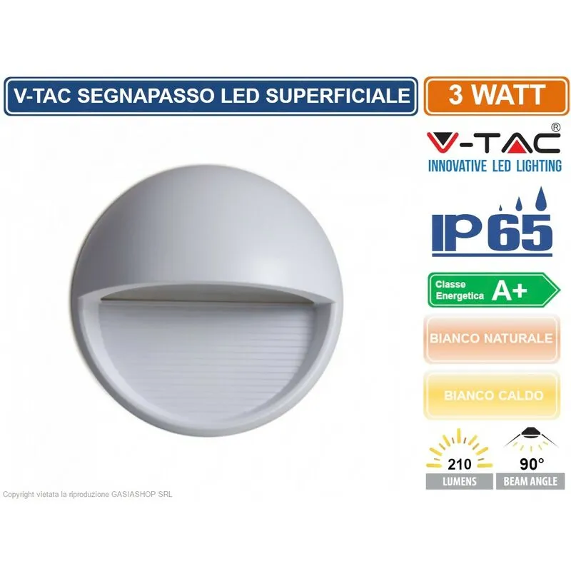 VT-1182 segnapasso led a montaggio superficiale rotondo 3W per esterno colore grigio - sku 1406 / 1407 IP65 - Colore Luce: Bianco Caldo - V-tac