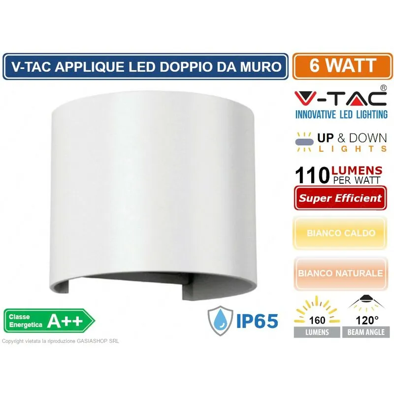 Vtac - v-tac VT-756 lampada da muro wall light bianca con doppio led cob 6W IP65 - sku 7082 / 7091 - Colore Luce: Bianco Caldo