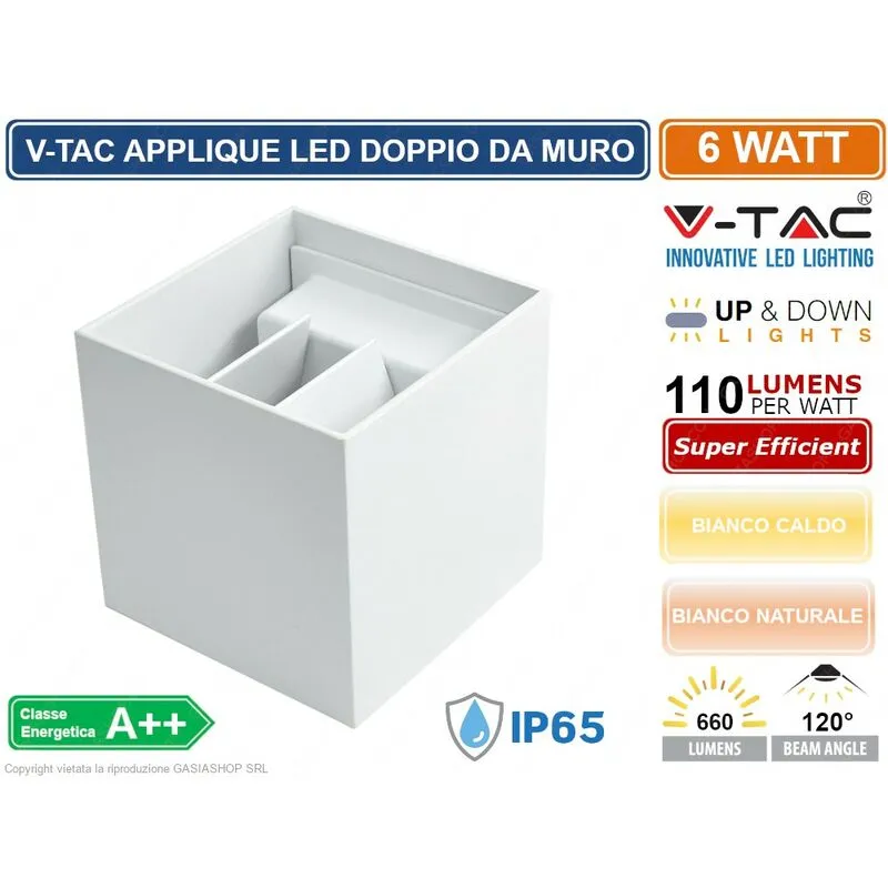 Vtac - v-tac VT-759 lampada da muro wall light bianca con doppio led cob 6W IP65 - sku 7079 / 7088 - Colore Luce: Bianco Caldo