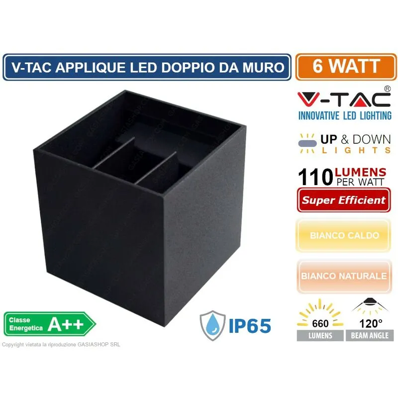 Vtac - v-tac VT-759 lampada da muro wall light nera con doppio led cob 6W IP65 - sku 7078 / 7087 - Colore Luce: Bianco Caldo