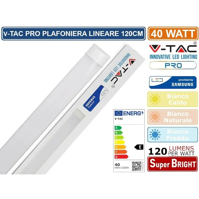 VT-8-40 tubo led prismatico plafoniera 40W lampadina 120CM chip samsung - sku 20350 / 20351 / 20352 - Colore Luce: Bianco Freddo - V-tac