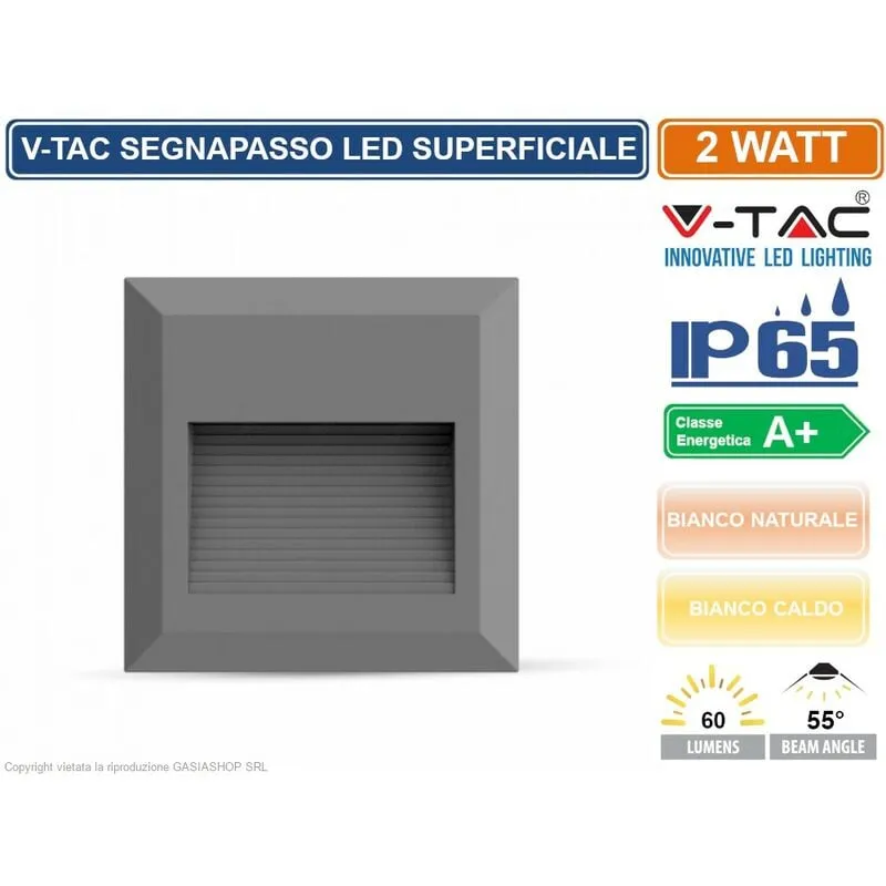 Eglo - v-tac VT-1152 faretto segnapasso led a montaggio superficiale quadrato 2W per esterno colore grigio - sku 1325 / 1324 IP65 - Colore Luce: