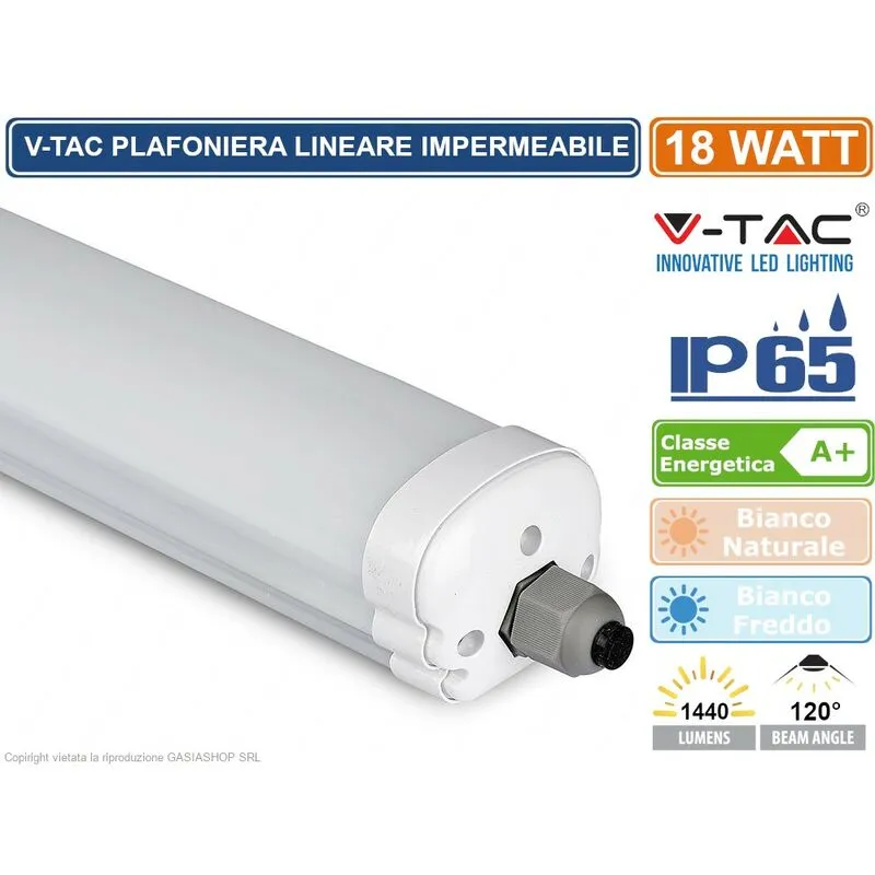VT-6076 tubo led plafoniera 18W lampadina 60CM impermeabile - sku 6283 / 6282 - Colore Luce: Bianco Freddo - V-tac
