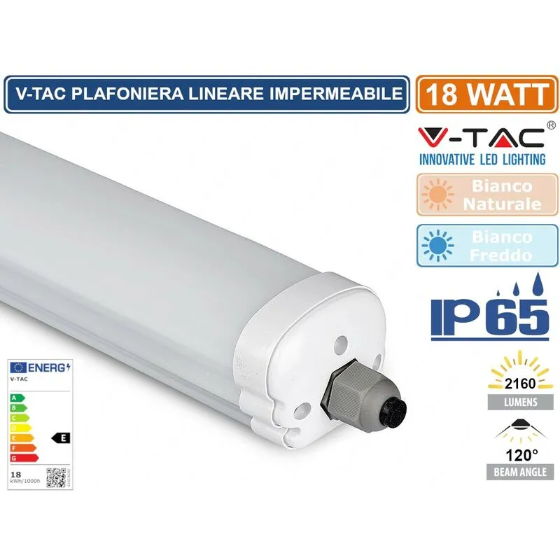 V-tac - VT-6076 tubo led plafoniera 18W lampadina 60CM impermeabile - sku 216283 / 216282 - Colore Luce: Bianco Freddo