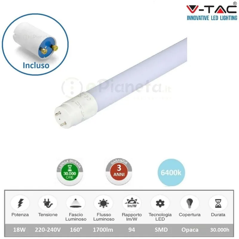 V-tac - v tac vt 1277 Tubo led 18w T8 attacco G13 neon 120cm con starter tubi in nano plastic luce bianco 6500k