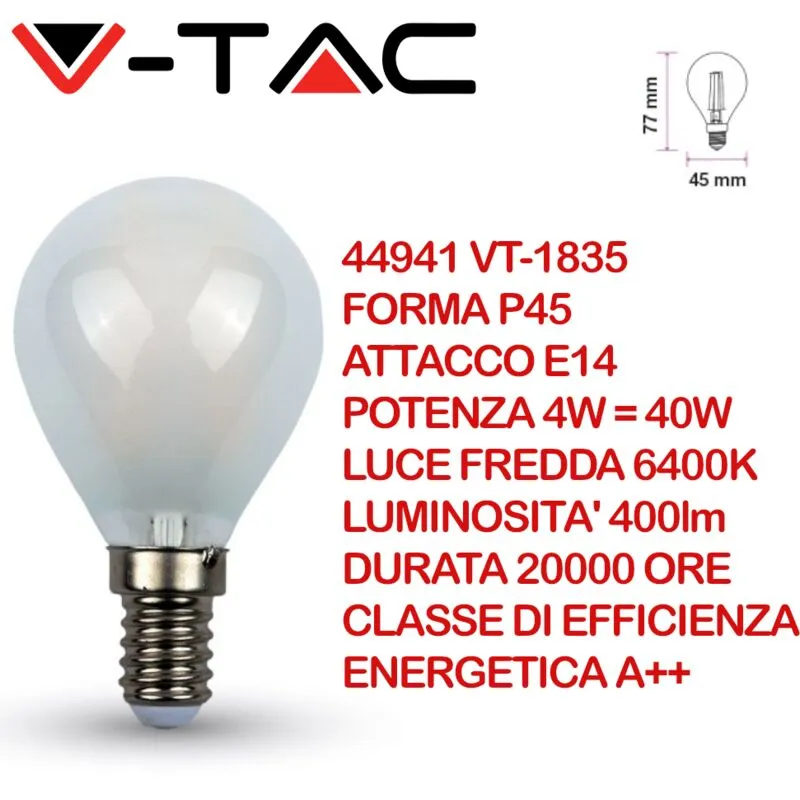 V-tac - VT-1835 Lampadina led E14 4W P45 Filamento Incrociato Satinato Bianco freddo - 6400K