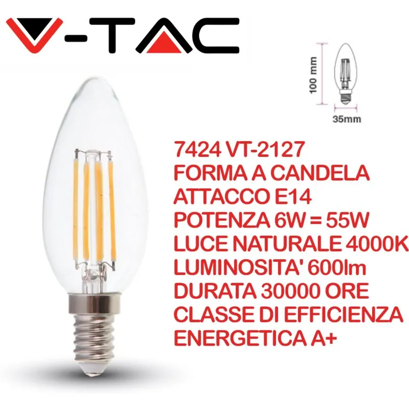 VT-2127 Lampadina led a Filamento E14 6W a Candela Bianco naturale - 4000K - V-tac