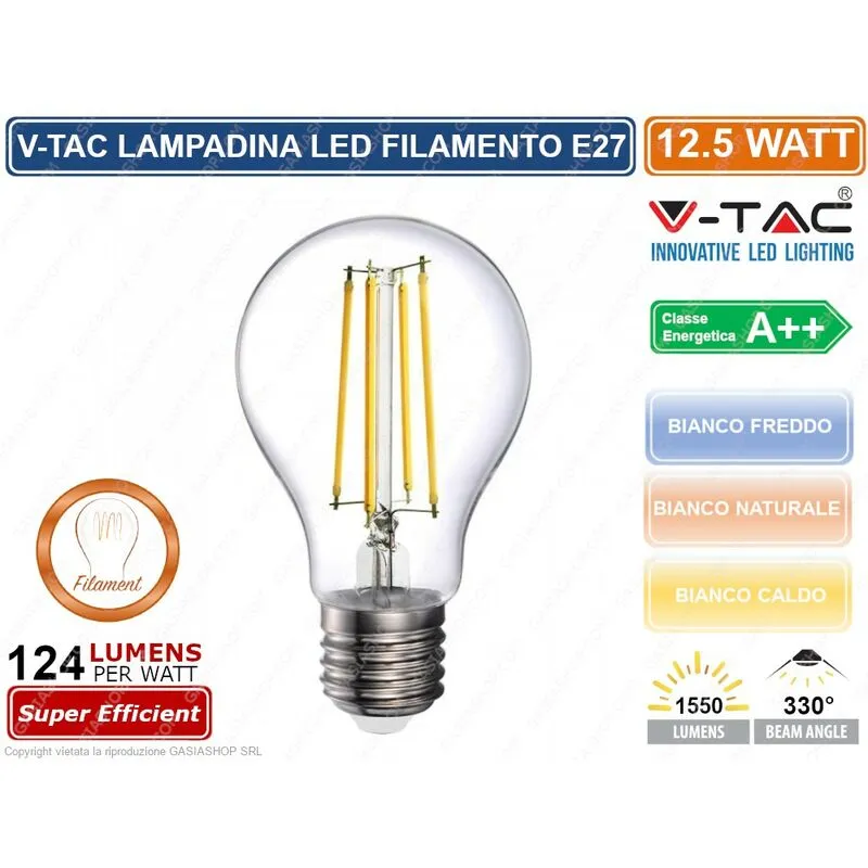 VT-2133 lampadina led filament E27 12,5W bulb A70 - sku 7458 / 7459 / 7460 - Colore Luce: Bianco Caldo - V-tac