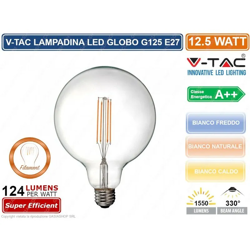 VT-2143 lampadina led filament E27 12,5W globo G125 - sku 7453 / 7454 / 7455 - Colore Luce: Bianco Naturale - V-tac