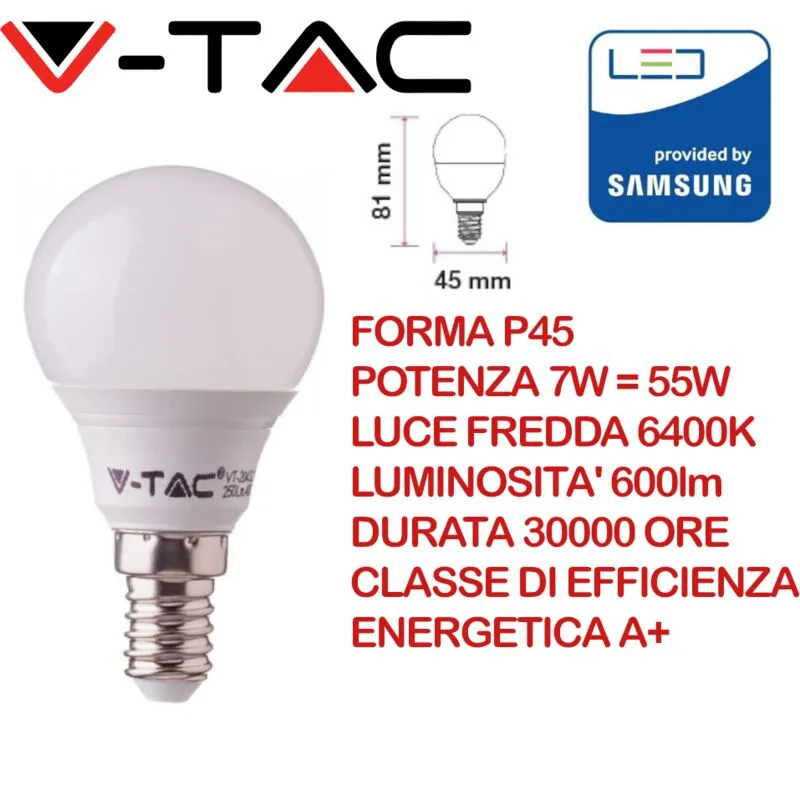 Pro VT-270 Lampadina led Chip Samsung E14 7W P45 Bianco freddo - 6000K - V-tac